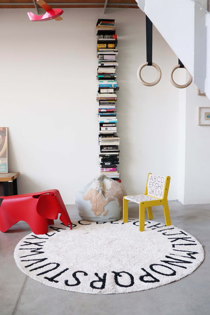 Round Washable ABC Rug in Natural/Black