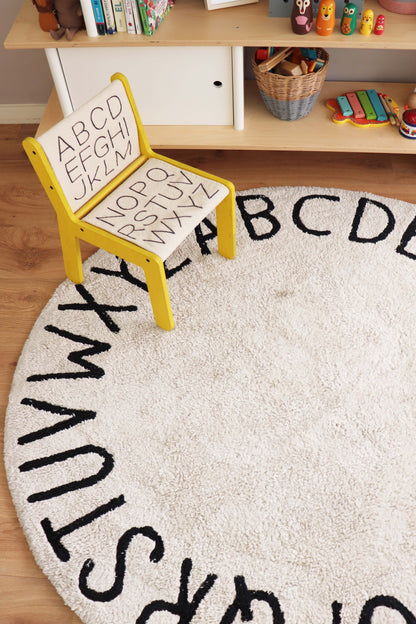 Round Washable ABC Rug in Natural/Black