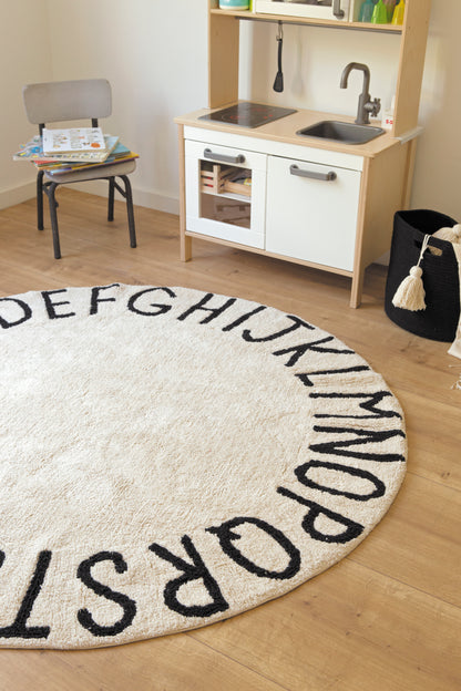 Round Washable ABC Rug in Natural/Black