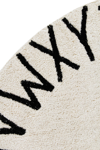 Round Washable ABC Rug in Natural/Black